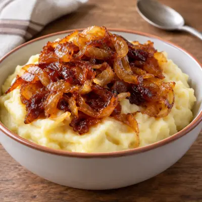 Purée de pommes de terre, oignons caramélisés