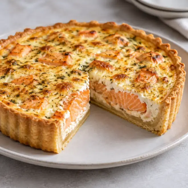 Quiche au saumon, crémeuse et bien gratinée