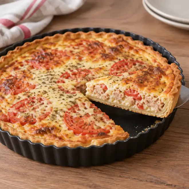 Quiche au thon facile, tomate et oignon