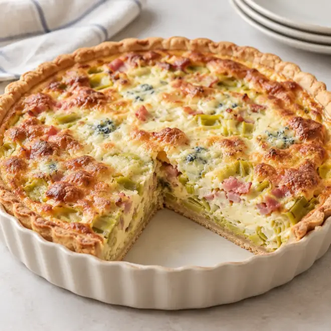 Quiche aux poireaux, jambon et fromage bleu facile