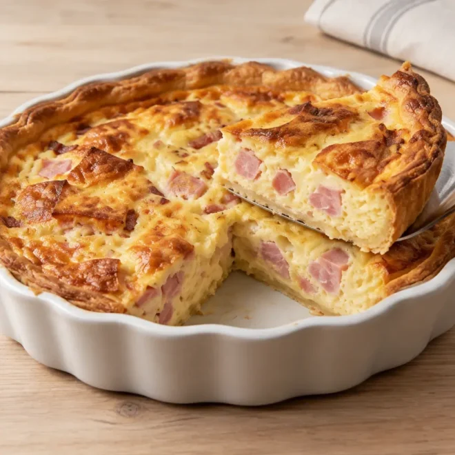 Quiche lorraine au jambon, dorée et moelleuse