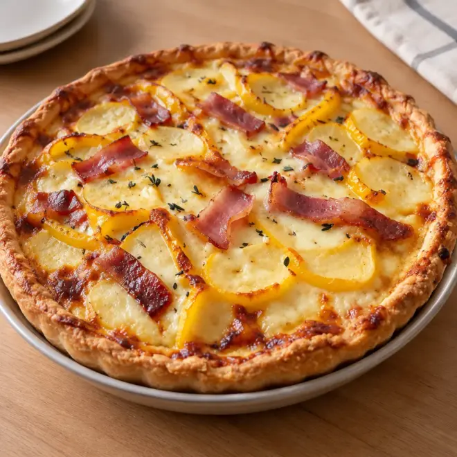 Quiche pommes de terre, lardons et poivron jaune