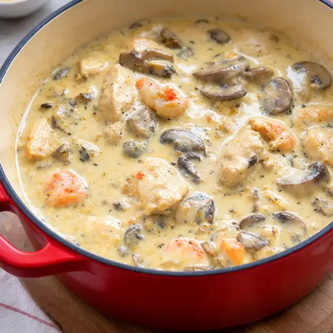 Ragoût crémeux poulet crevettes aux champignons