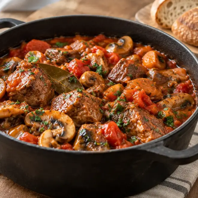 Ragoût de bœuf aux champignons, fondant et nappant