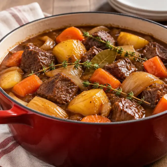 Ragoût de bœuf aux pommes de terre, jus brillant