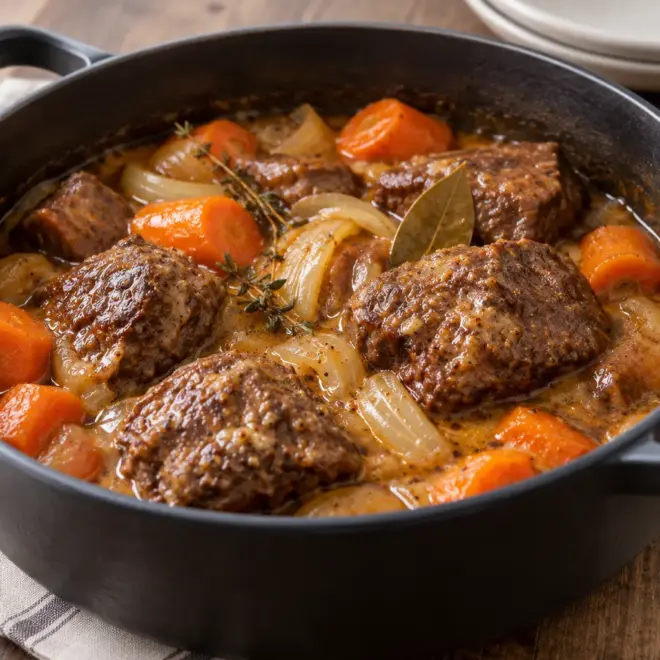 Ragoût de bœuf fondant, sauce brune et carottes