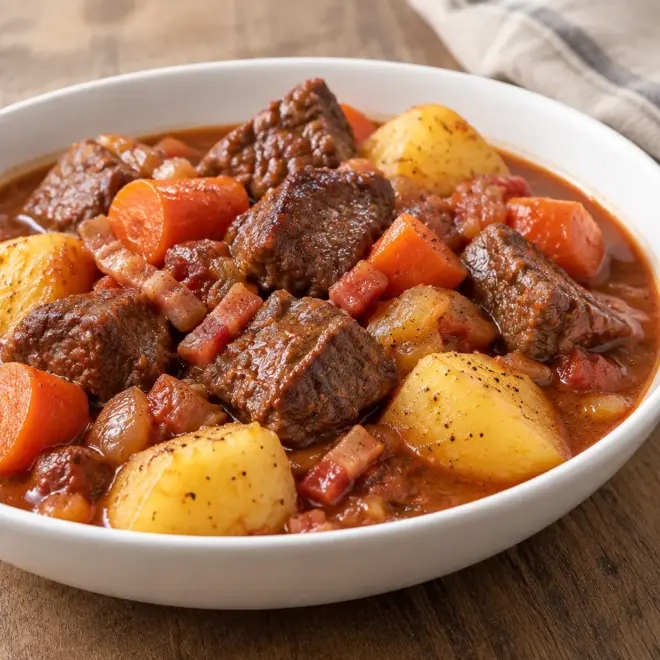 Ragoût de bœuf, sauce brillante et légumes fondants