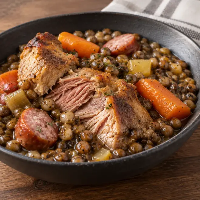 Ragoût de lentilles, porc et saucisse fondants