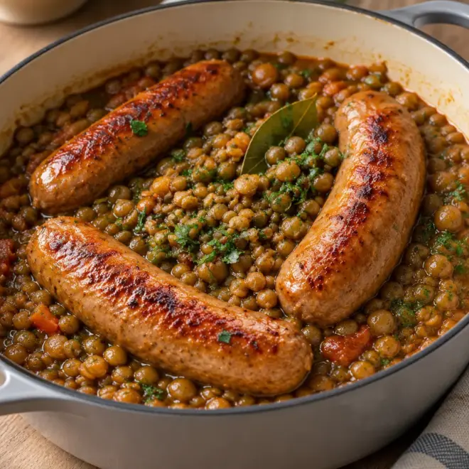 Ragoût de lentilles aux saucisses, fondant et doré