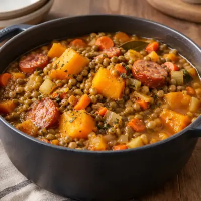 Ragoût de lentilles, courge et saucisse facile
