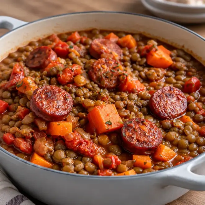 Ragoût de lentilles et saucisse facile en cocotte