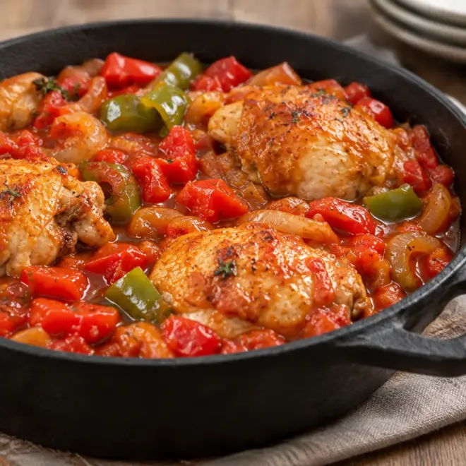 Ragoût de poulet aux poivrons, sauce tomate fondante