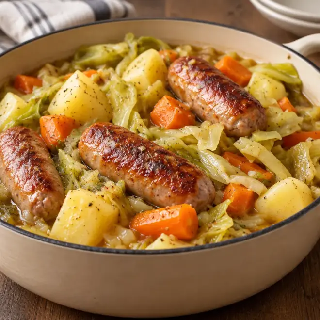Ragoût de saucisses, légumes fondants en cocotte