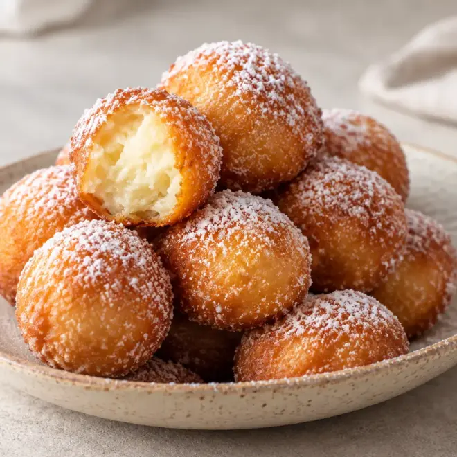 Bouchées de beignet au sucre glace, dorées et moelleuses
