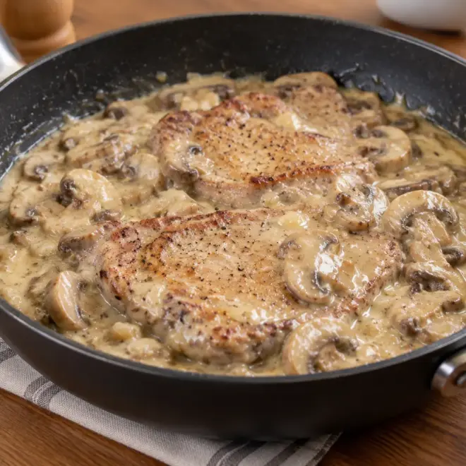 Recette côtelettes de porc crémeuses aux champignons