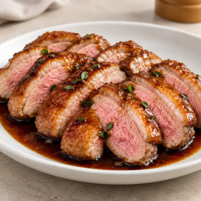 Magret de canard au miel et au thym, peau croustillante