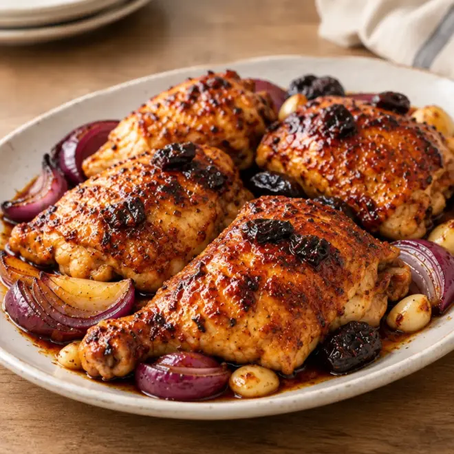 Poulet glacé aux oignons rouges, fondant et caramélisé
