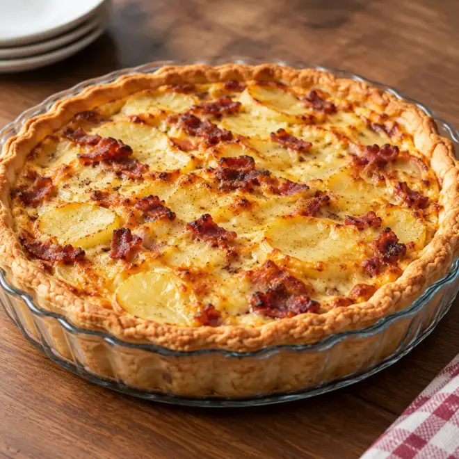Quiche pommes de terre, bacon et fromage bien dorée