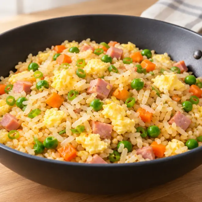 Riz cantonais, grains séparés et œuf tendre