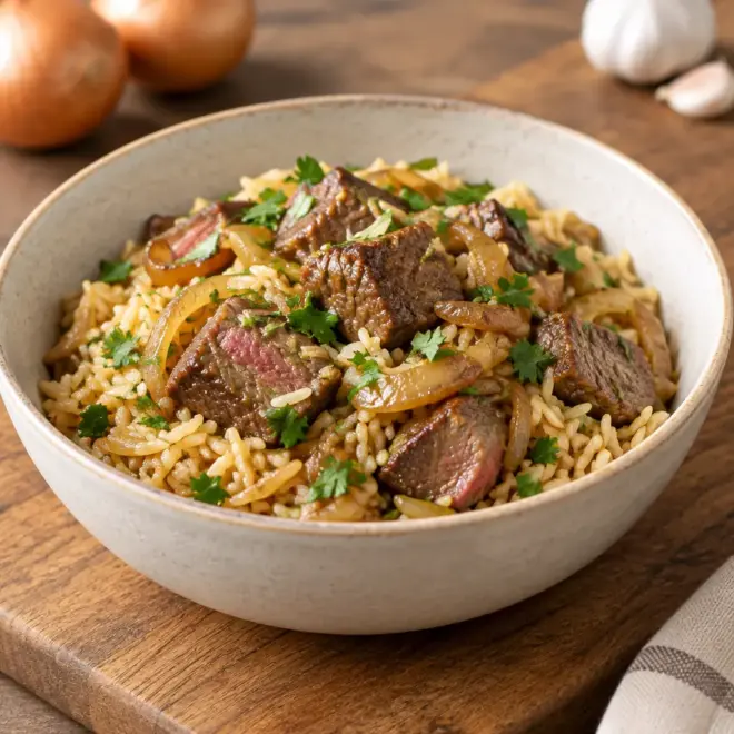 Riz au bœuf poêlé facile et fondant