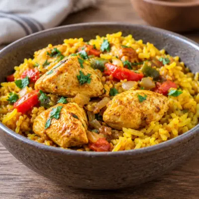Riz jaune au curry de poulet facile et parfumé