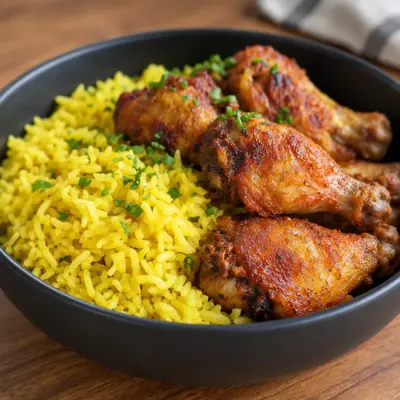 Riz jaune et poulet frit facile à la poêle