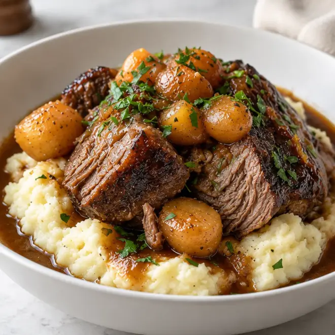 Festin de rôti braisé sur purée de pommes de terre