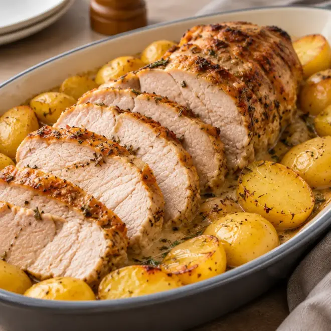 Rôti de porc aux pommes de terre, doré et fondant