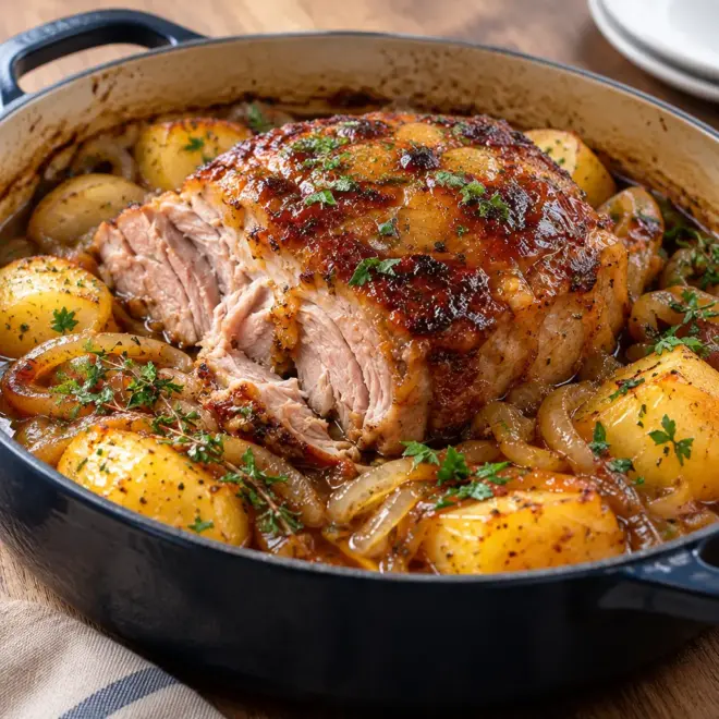 Rôti de porc braisé aux pommes de terre, tendre et fondant