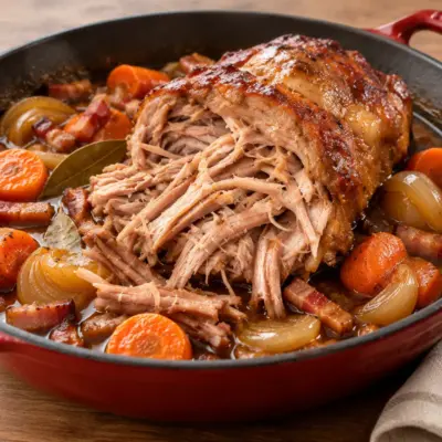 Rôti de porc braisé : recette fondante aux légumes