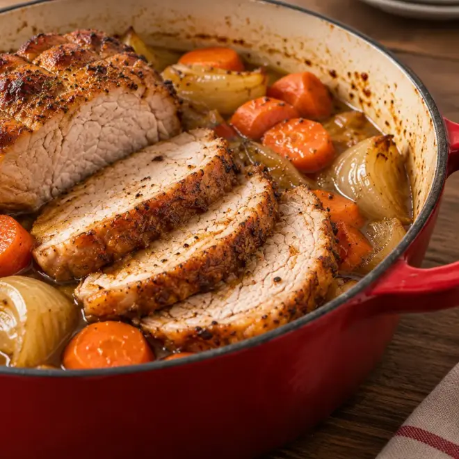 Rôti de porc braisé en cocotte, tendre et bien doré