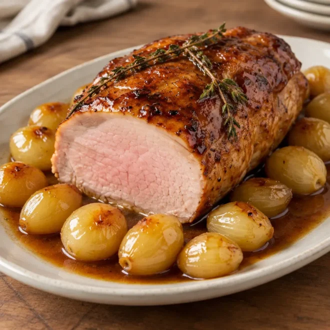 Rôti de longe de porc aux oignons, tendre et glacé