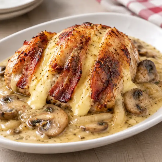 Rôti de porc farci facile et sauce aux champignons