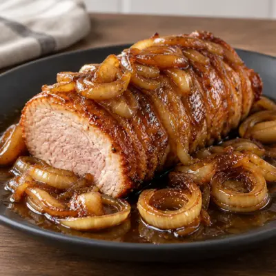 Rôti de porc glacé facile aux oignons