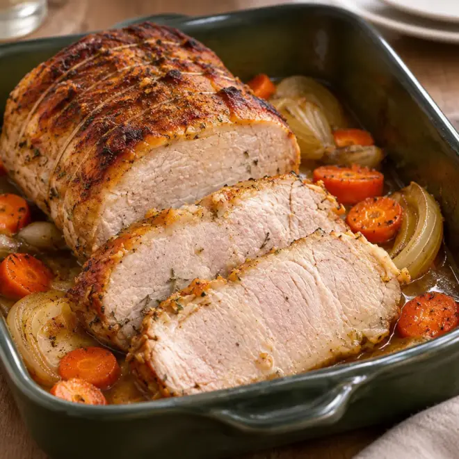 Rôti de porc rôti, croûte dorée et jus familial