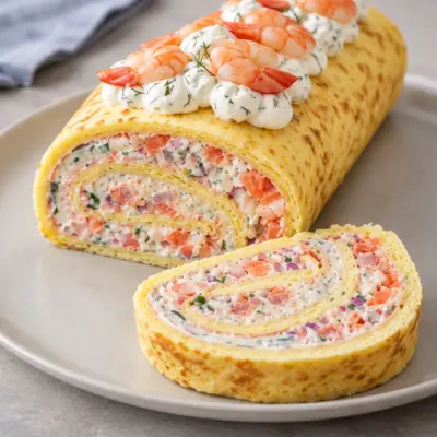 Roulé d’omelette aux crevettes, recette froide