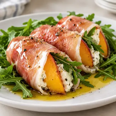 Roulés de prosciutto, recette fraîche aux pêches