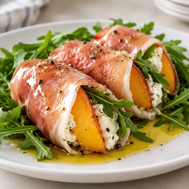 Roulés de prosciutto aux pêches, frais et fondants