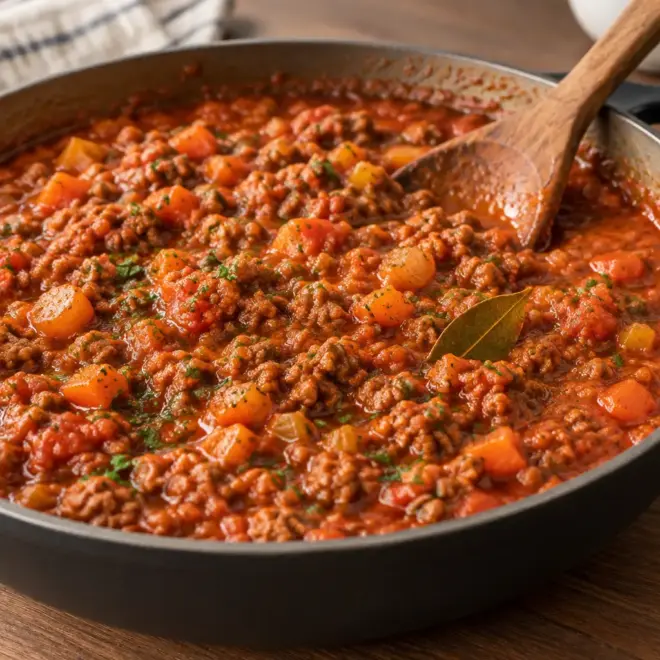 Sauce bolognaise, épaisse et mijotée aux petits légumes