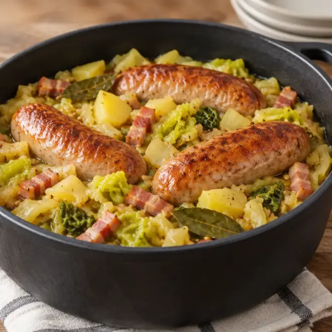 Saucisses au chou vert, recette facile en cocotte