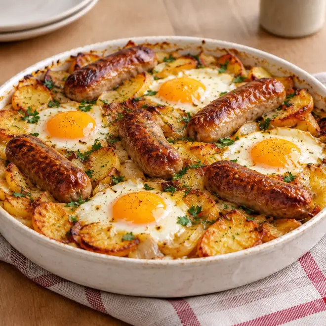 Saucisses aux œufs et pommes de terre au four