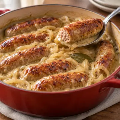 Saucisses aux oignons recette crémeuse