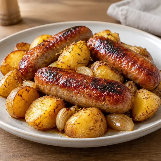 Saucisses et pommes de terre au four, dorées et fondantes