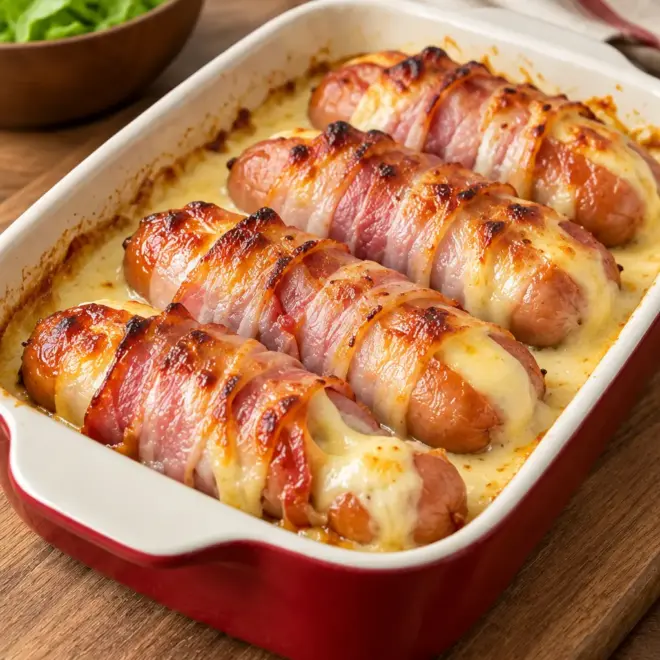 Saucisses gratinées au bacon faciles au four