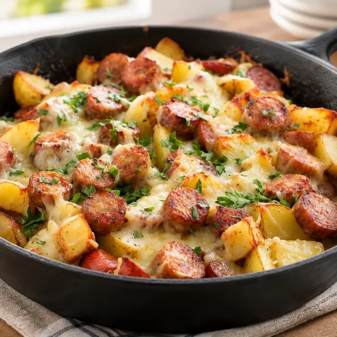 Saucisses pommes de terre fromage à la poêle