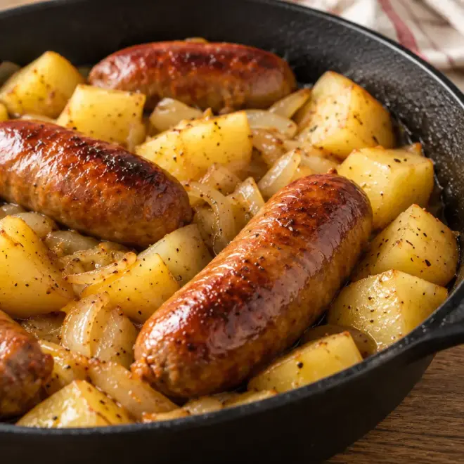 Saucisses aux pommes de terre, fondantes et dorées