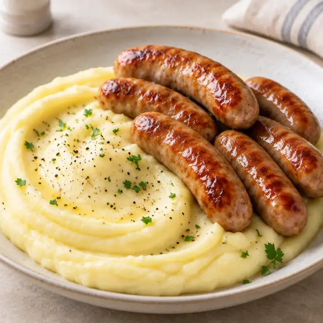 Saucisses-purée recette facile et crémeuse