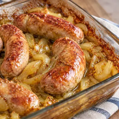 Saucisses rôties, oignons et moutarde au four