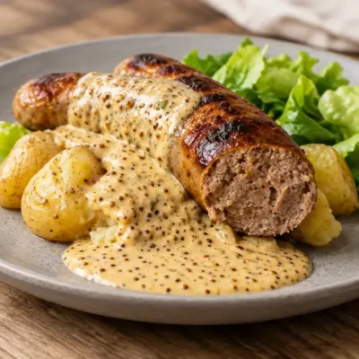 Saucisses sauce moutarde crémeuse et pommes de terre