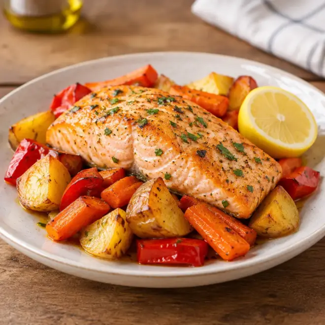 Saumon au four avec pommes de terre rôties